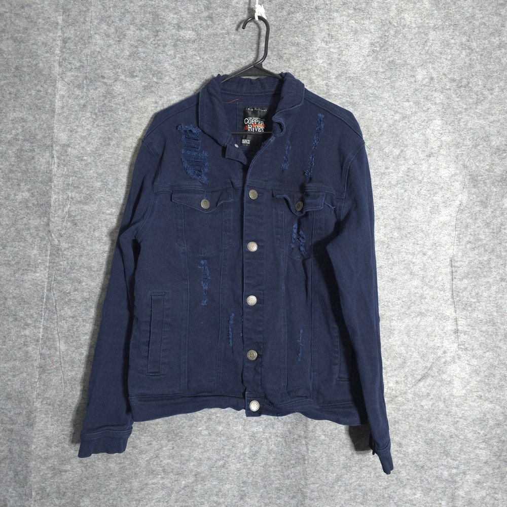 Copper Rivet Distressed Denim Jacket Mens XL Navy Blue Ripped Trucker Stretch